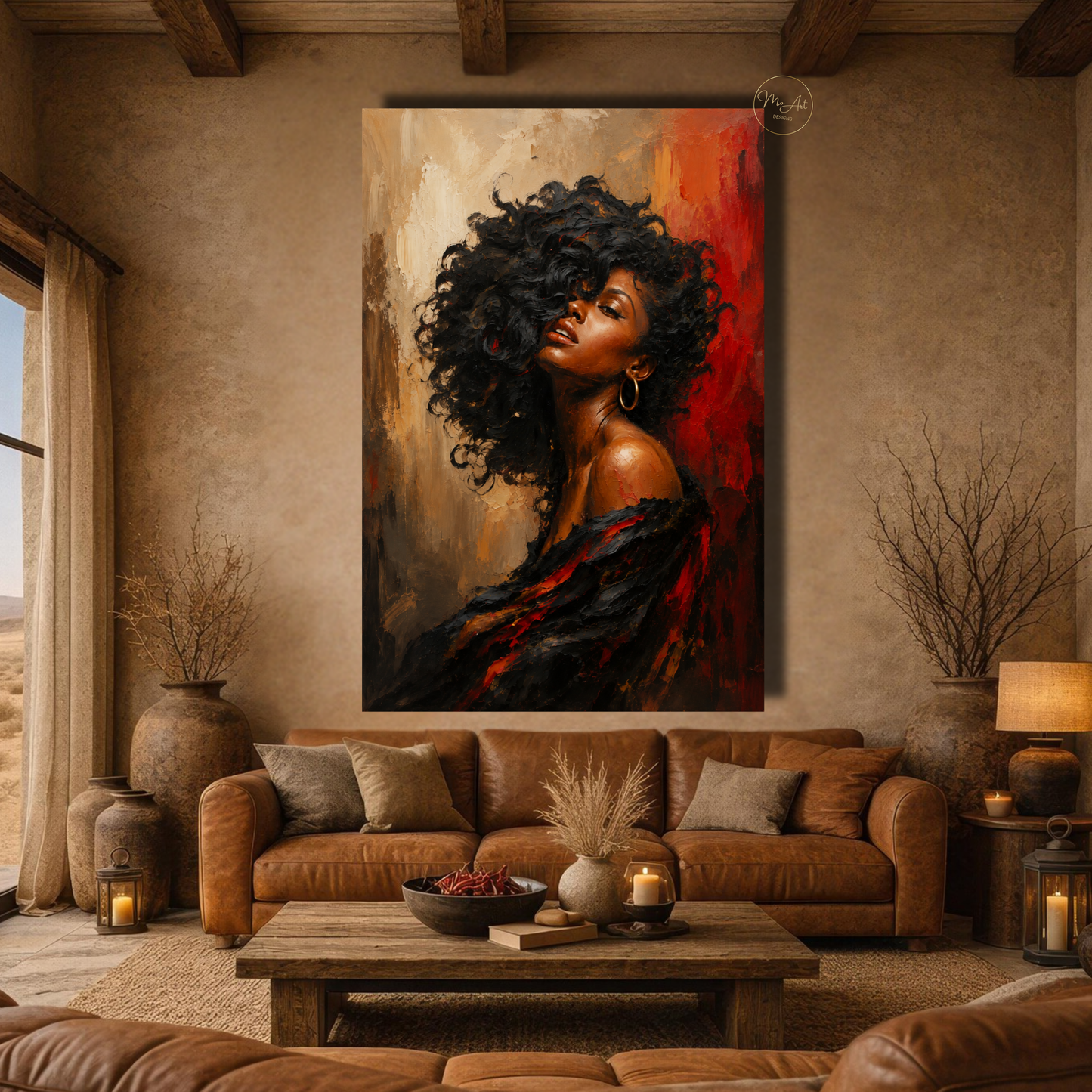 Black Woman Wall Art – Sensual Afrocentric Black, Gold & Red Canvas Print | Luxury Abstract Portrait
