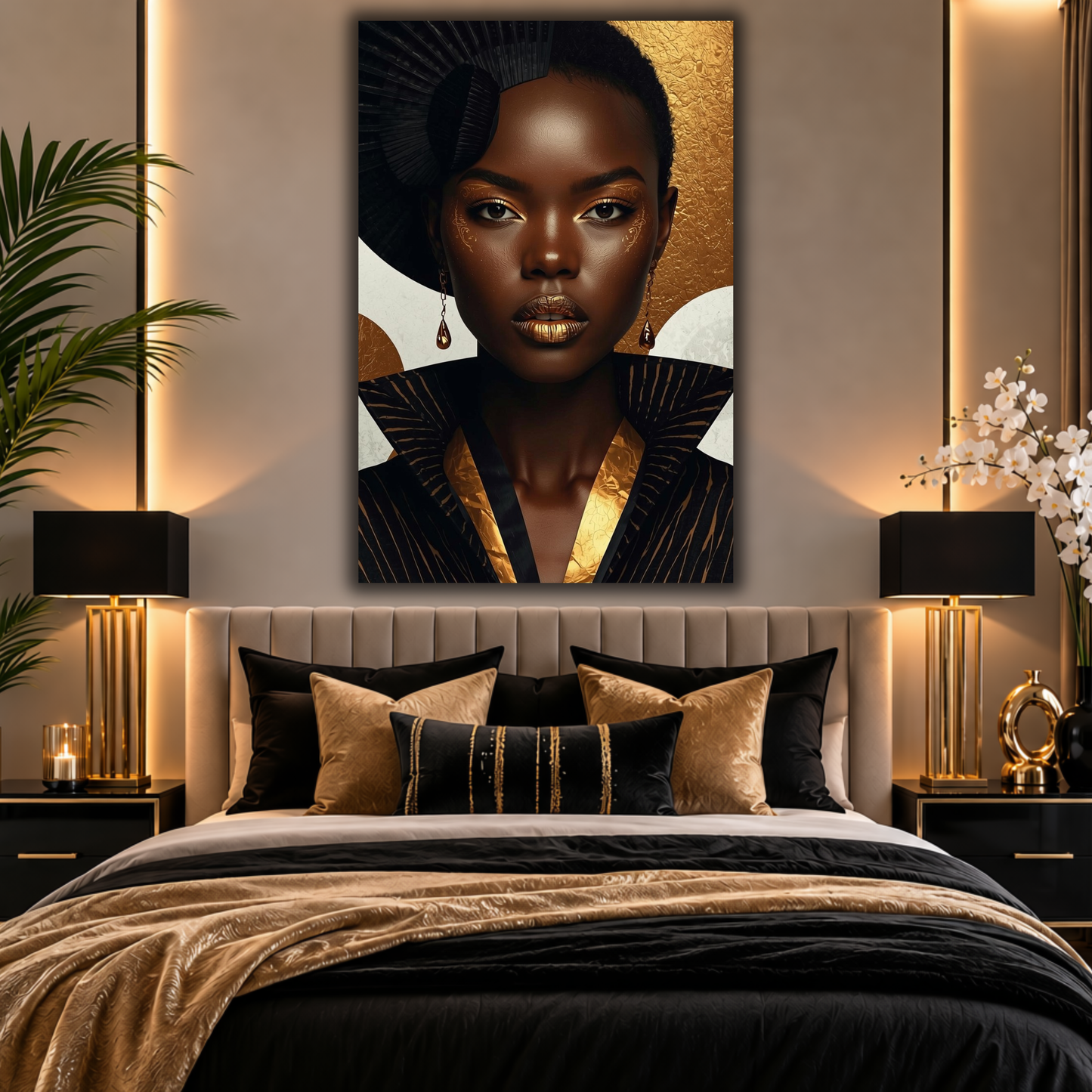 Black Woman Wall Art - Afrocentric Fashion in Black & Gold Canvas Print | Luxury African American Portrait Wall Decor