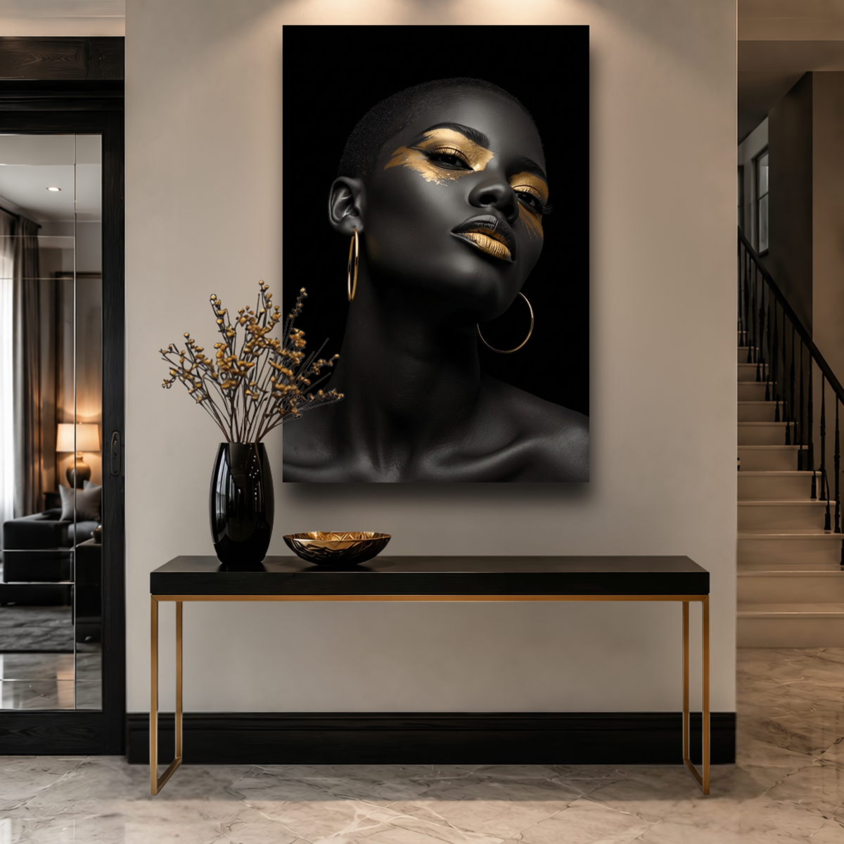 Black Woman Wall Art – Short Hair Queen | Black & Gold Afrocentric Canvas Print