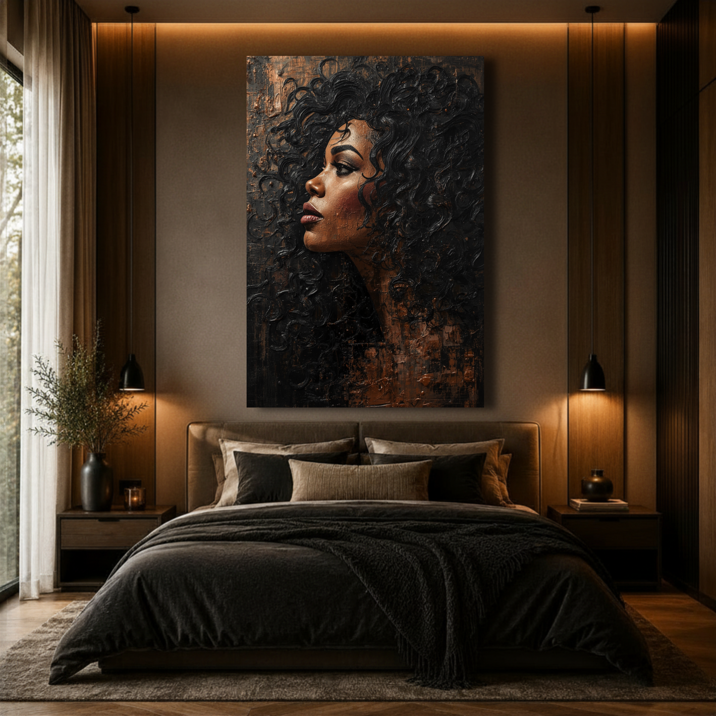 Black Woman Wall Art – Afrocentric Abstract Portrait Canvas Print | Black & Copper Wall Art
