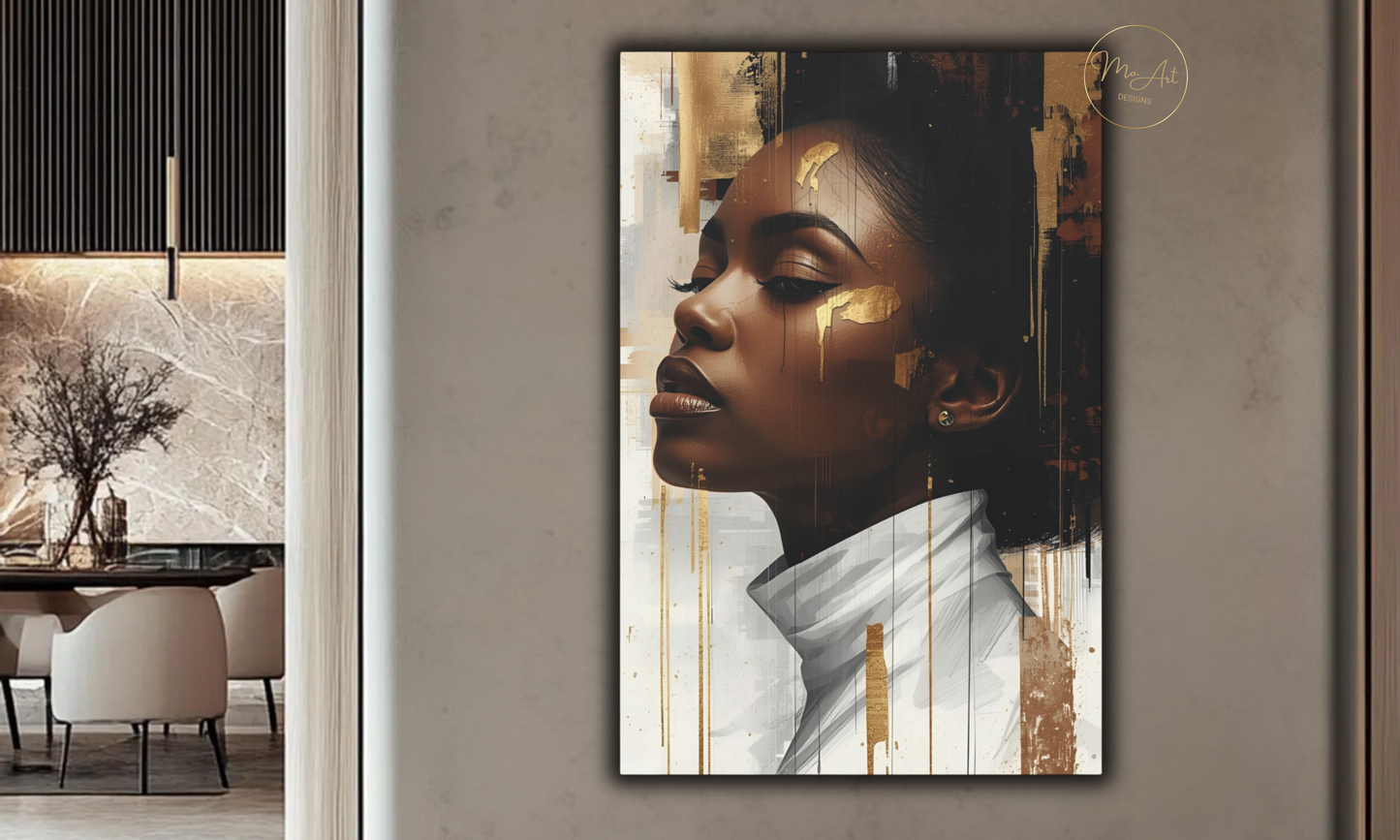 Abstract Black Woman Wall Art – White & Gold Elegance / Canvas Print
