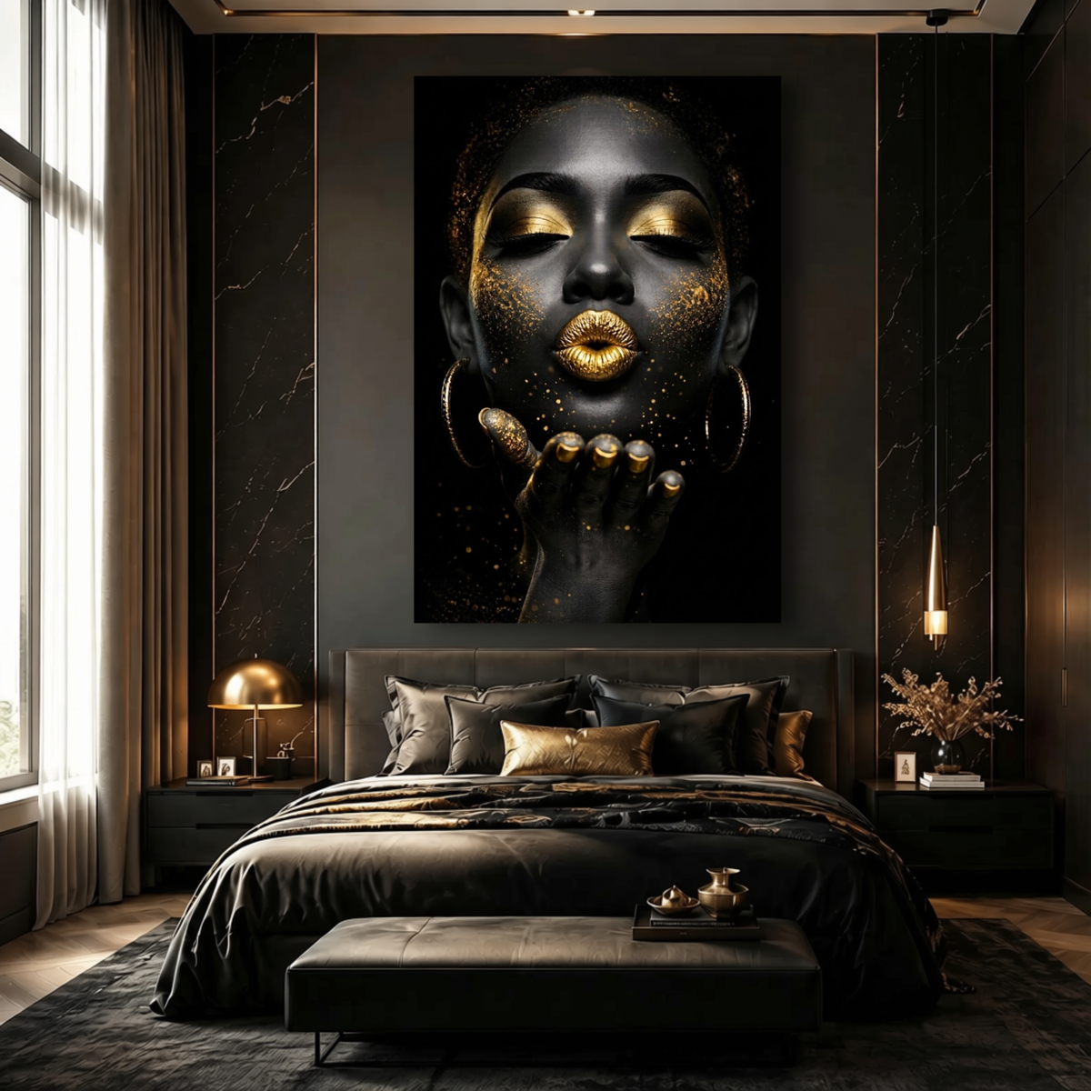 Black Woman Wall Art – Kiss of Gold | Afrocentric Gold Lips Black & Gold Canvas Print