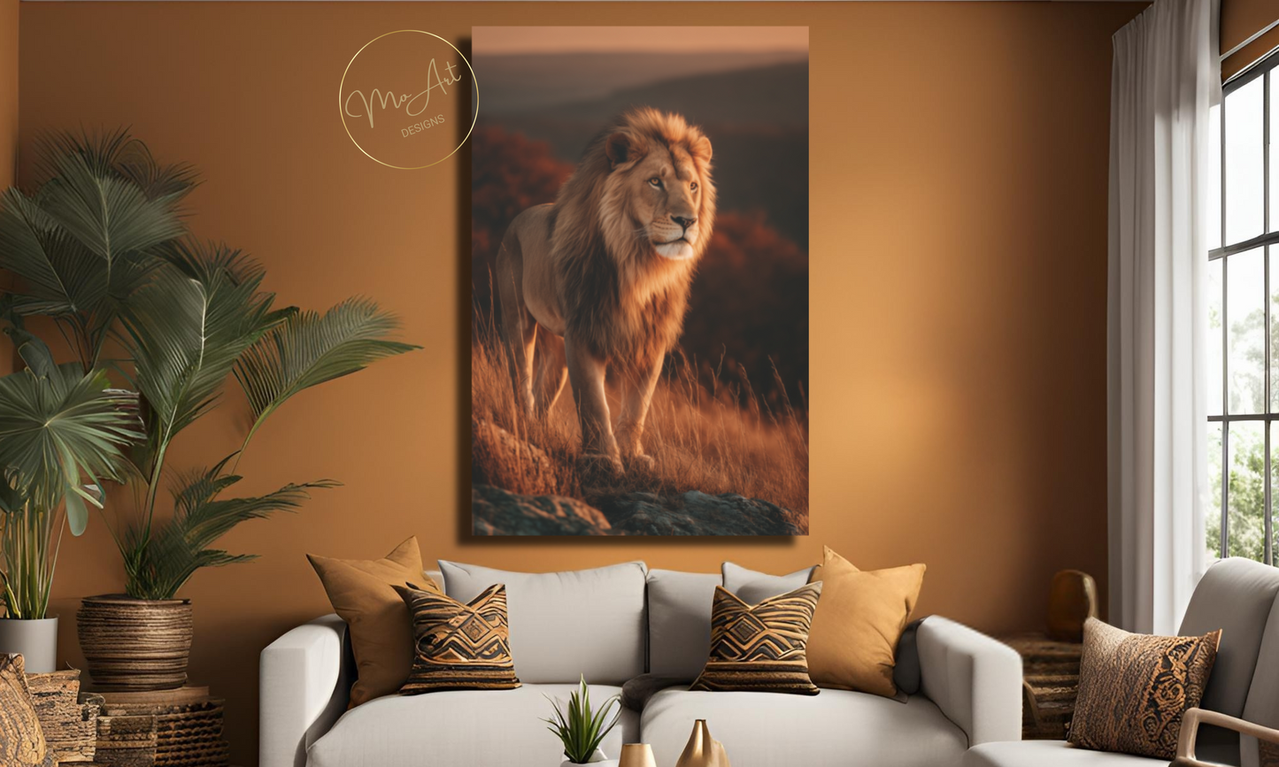 Majestic Lion Canvas Wall Art – Regal Wildlife Print at Sunset