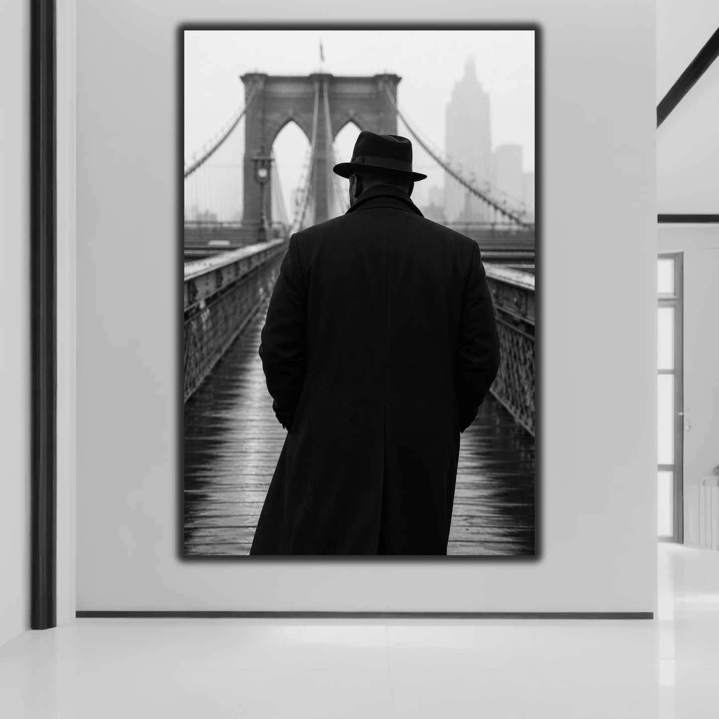 African American Man NYC Wall Art | Brooklyn Bridge Black & White Canvas Print