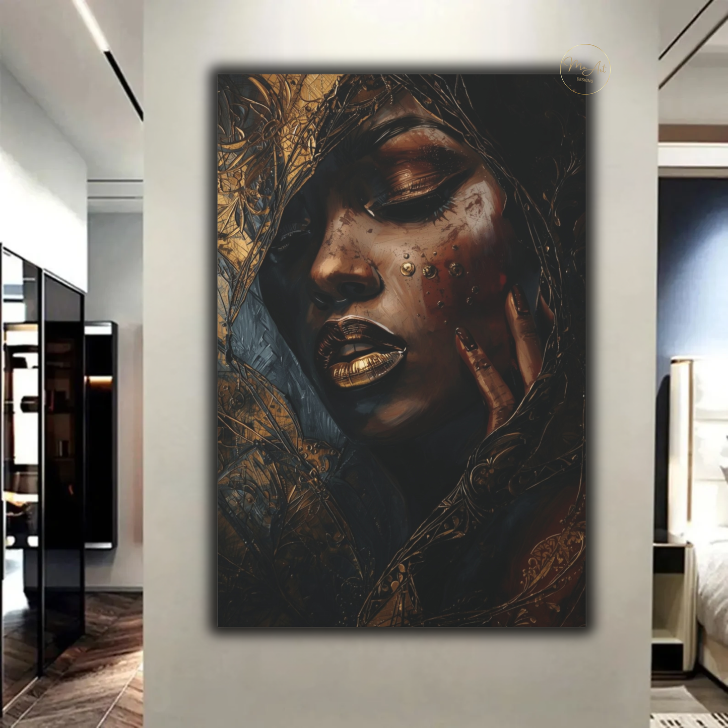 Black Woman Wall Art – Luminous Depth | Black & Gold Luxury Canvas Print