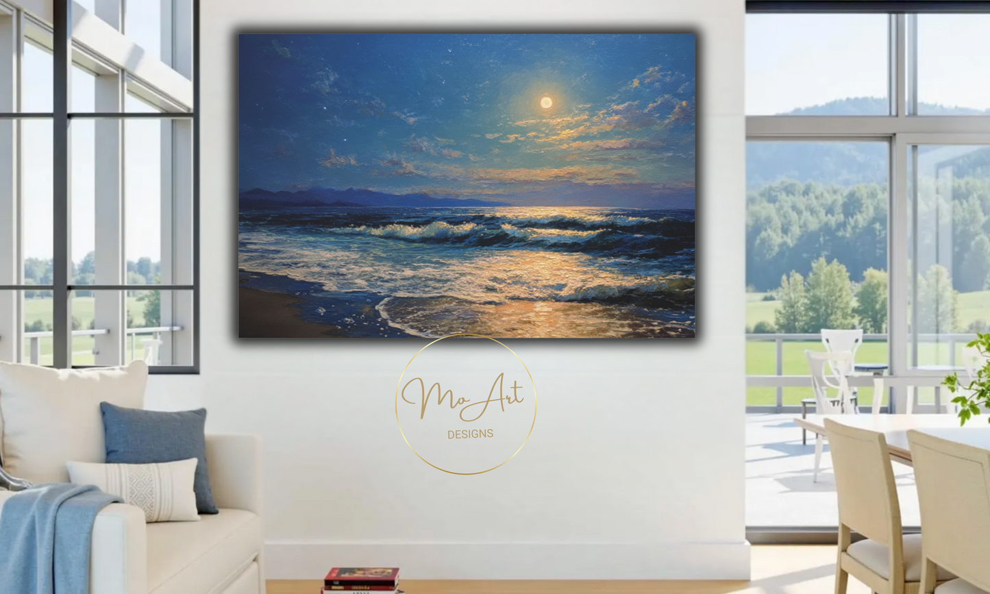 Moonlit Serenade Over Ocean Waves Canvas Wall Art
