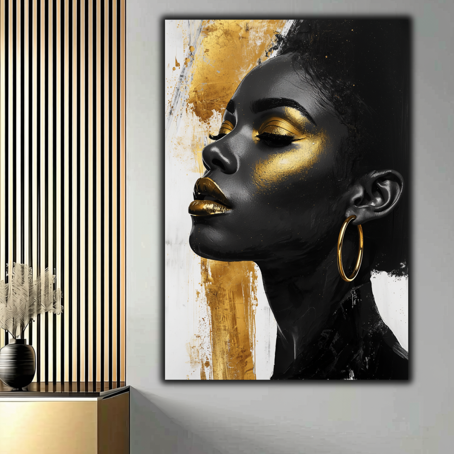 Black Woman Wall Art – Afrocentric Beauty in Black, Gold & White Canvas Print | Modern Luxury Home Decor