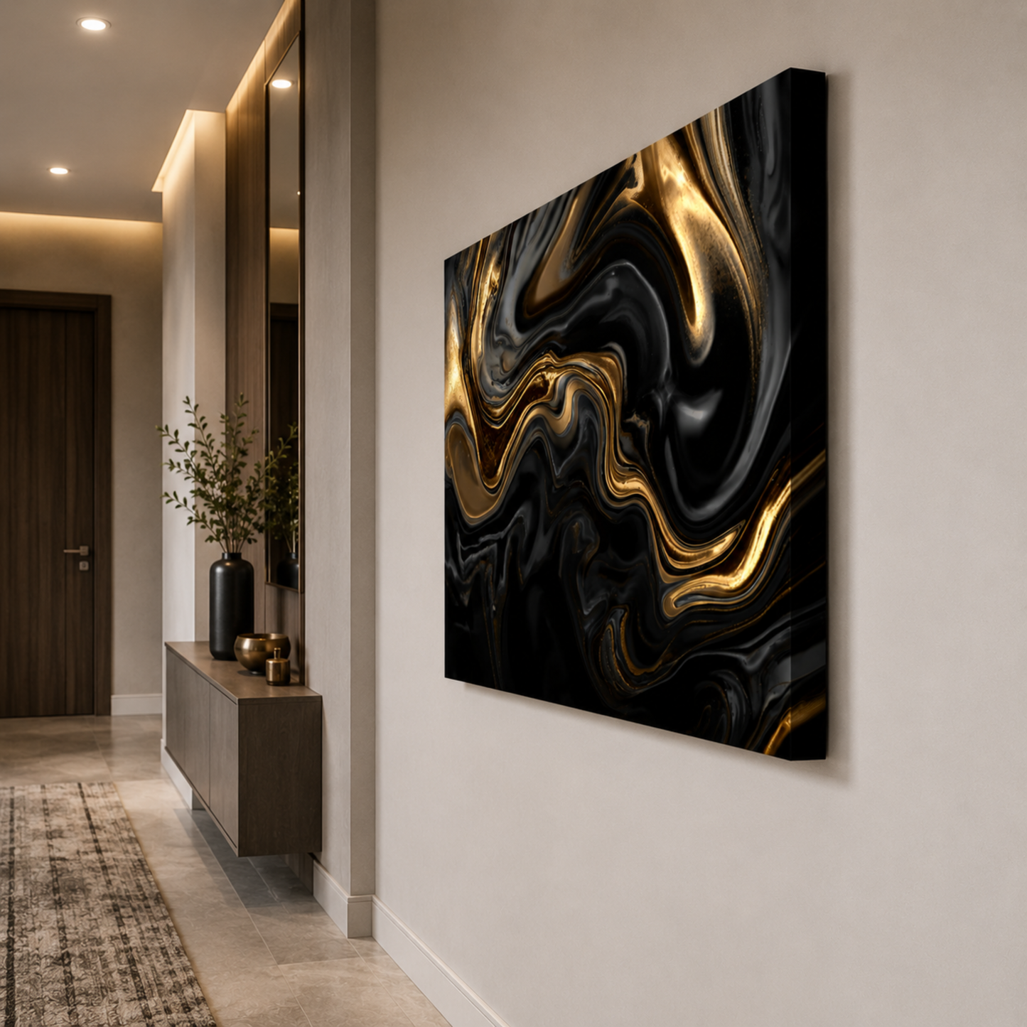 Black & Gold Abstract Wall Art Canvas – Luxury Liquid Marble Modern Art Print | Elegant Black Gold Home Decor
