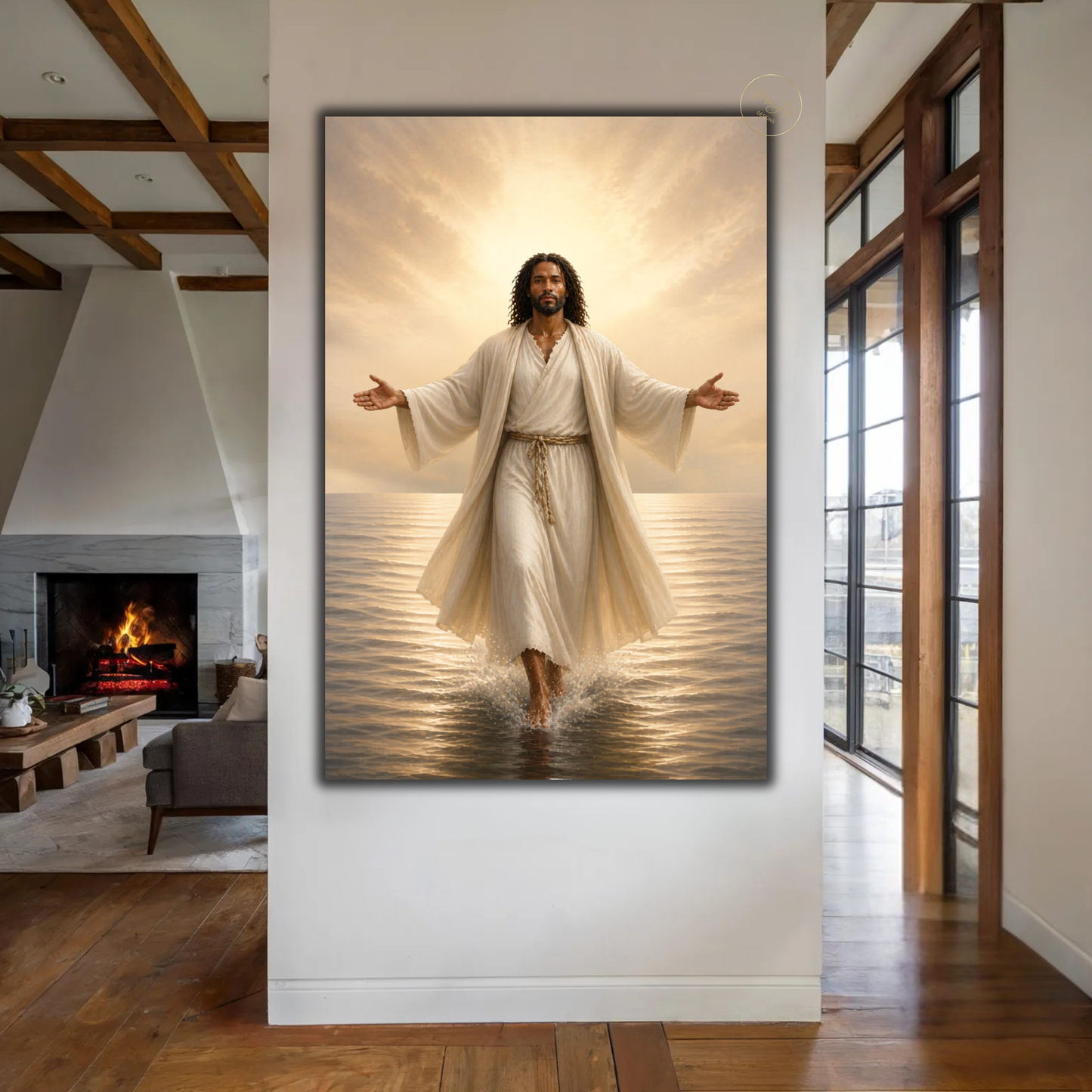 Black Jesus Wall Art - Jesus Walking on Water / Afrocentric Spiritual Canvas Print in Neutral Tones
