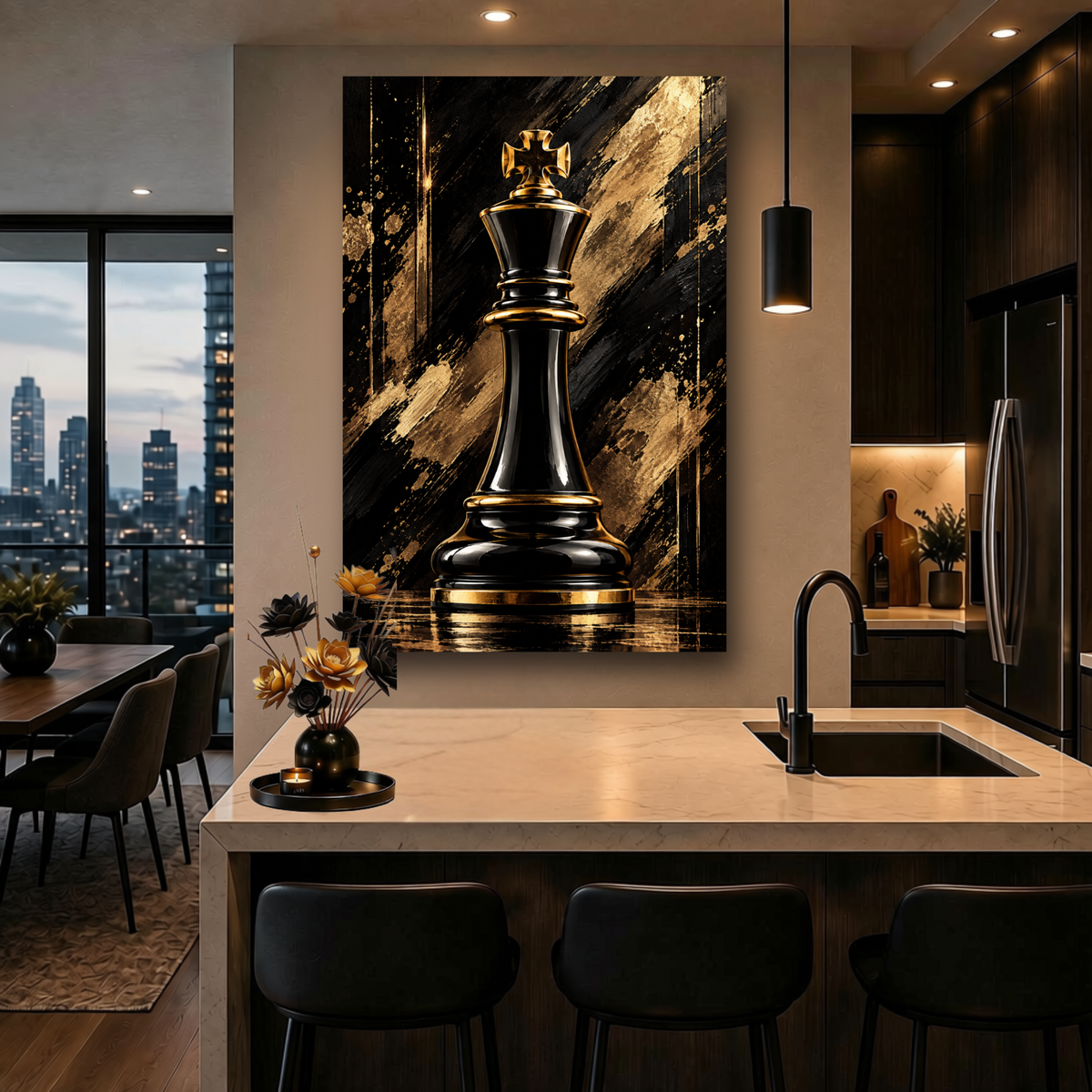 Black & Gold King Chess Piece Wall Art | Luxury Abstract Chess Canvas Print