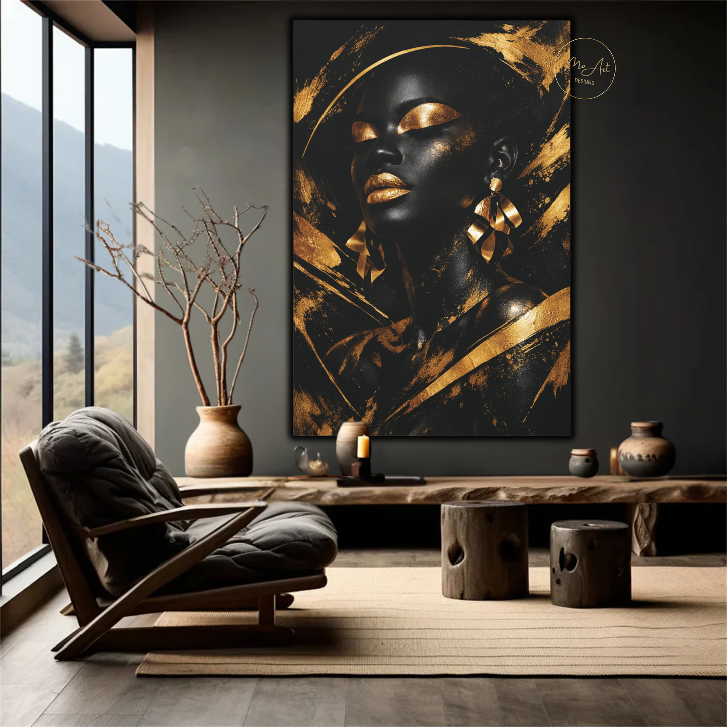 Black Woman Wall Art – Golden Goddess | Luxury Black & Gold Abstract Canvas Print