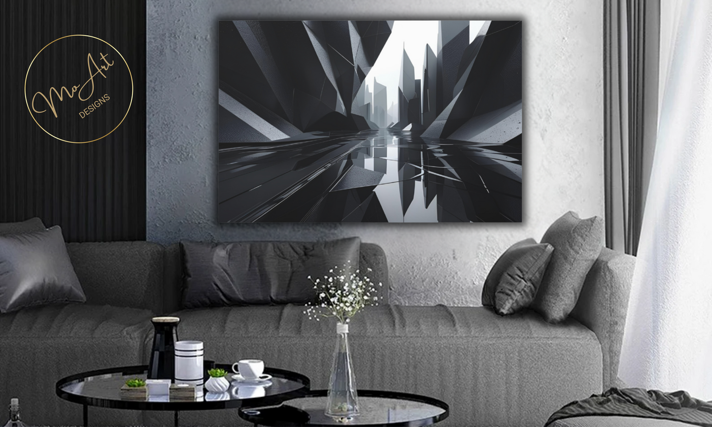 Black and White Abstract / Reflections of a City - Canvas Wall Art
