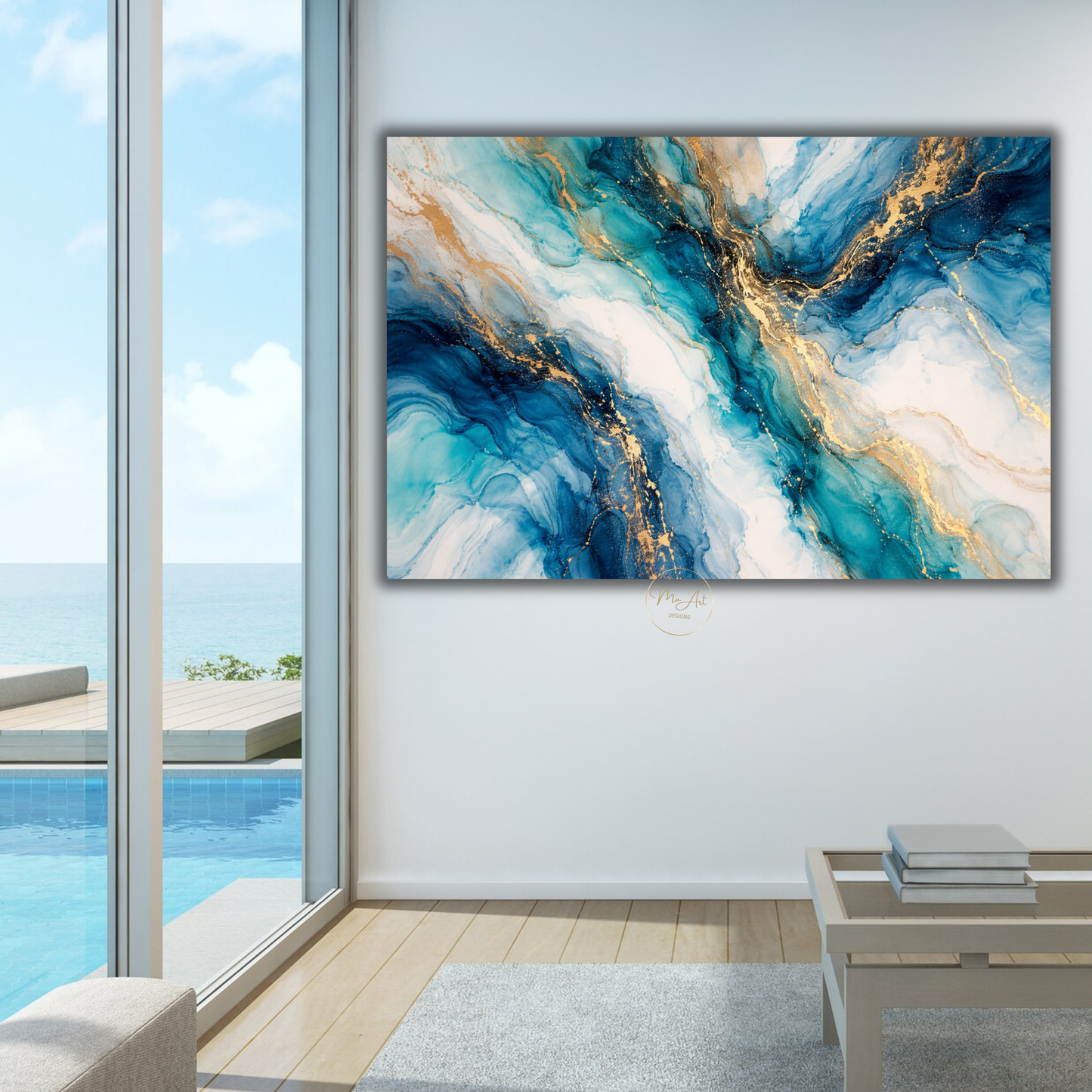 Blue Gold & Turquoise Marble Abstract Wall Art – Luxury Canvas Print