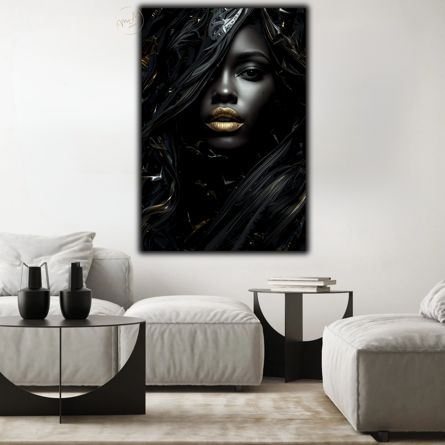 Black Woman Wall Art – Afrocentric Fashion Diva | Luxury Black & Gold Abstract Canvas Print