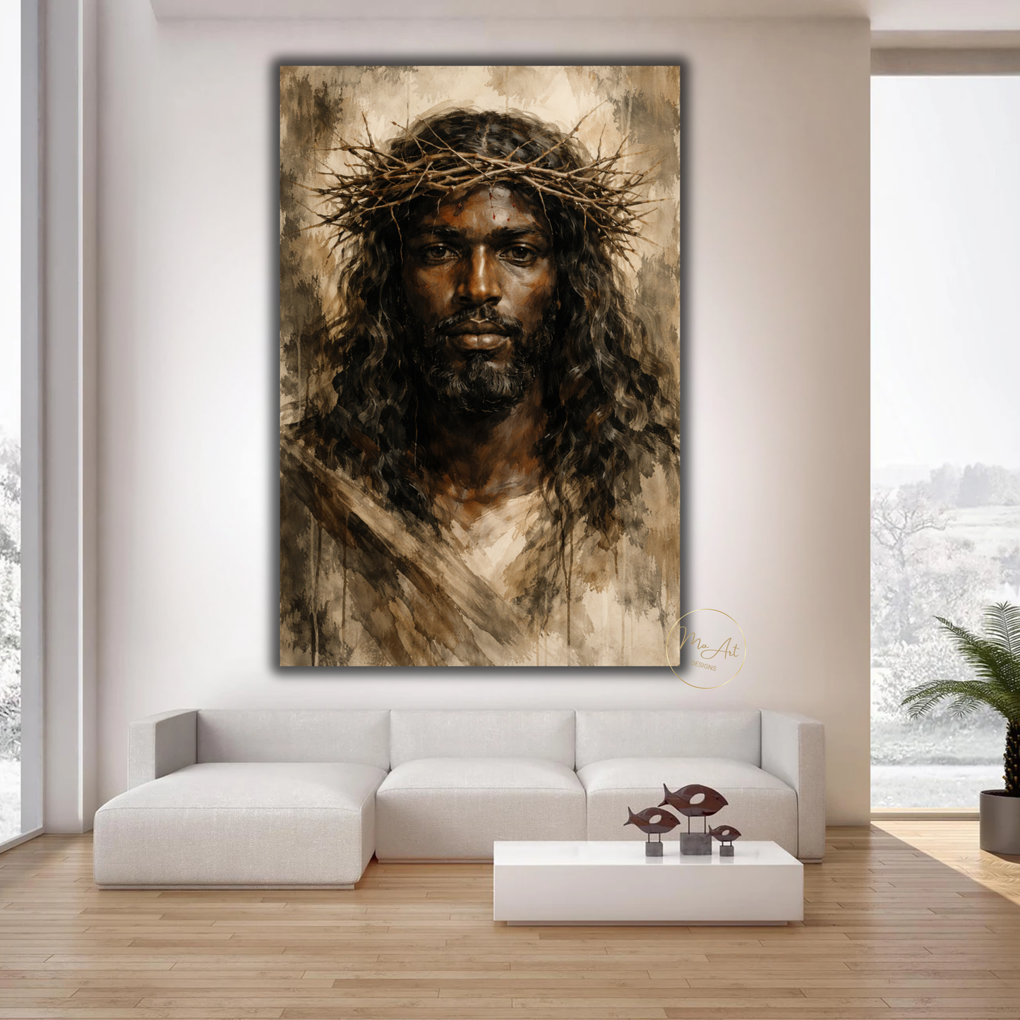 Black Jesus Wall Art – Neutral Abstract Christ Portrait with Crown of Thorns Canvas Print