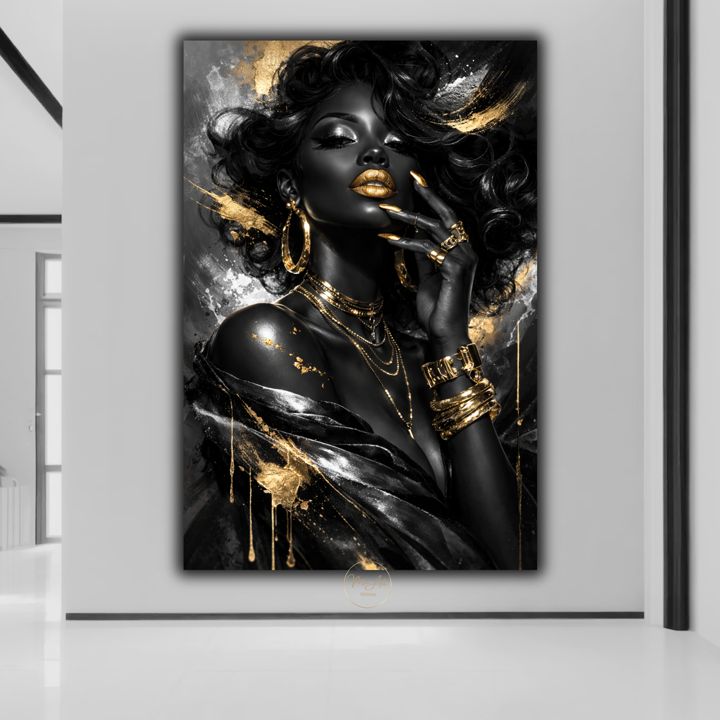 Black Woman Wall Art – Black & Silver Glam with Gold Lips | Luxury Afrocentric Canvas Print