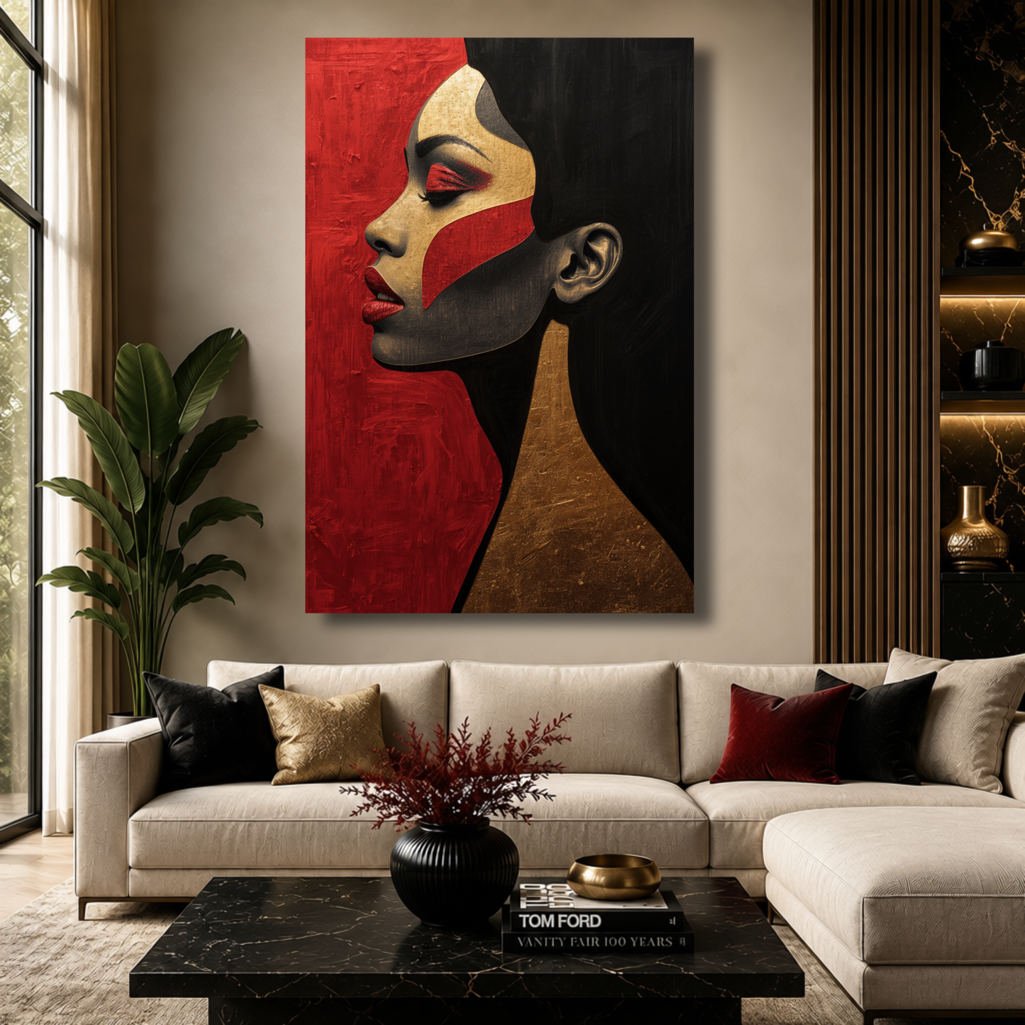 Black Woman Wall Art – Abstract Afrocentric Canvas Print | Black, Red & Gold Modern Wall Decor