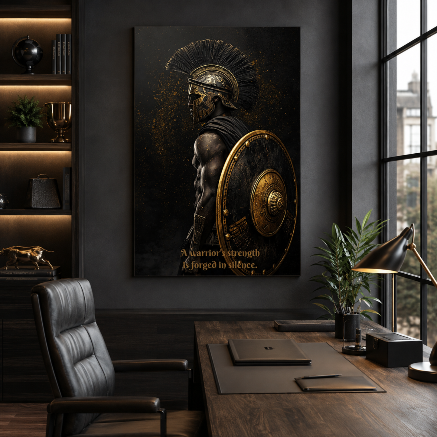 Spartan Warrior Motivational Quote Canvas Print | "Forged in Silence" Black & Gold Wall Art
