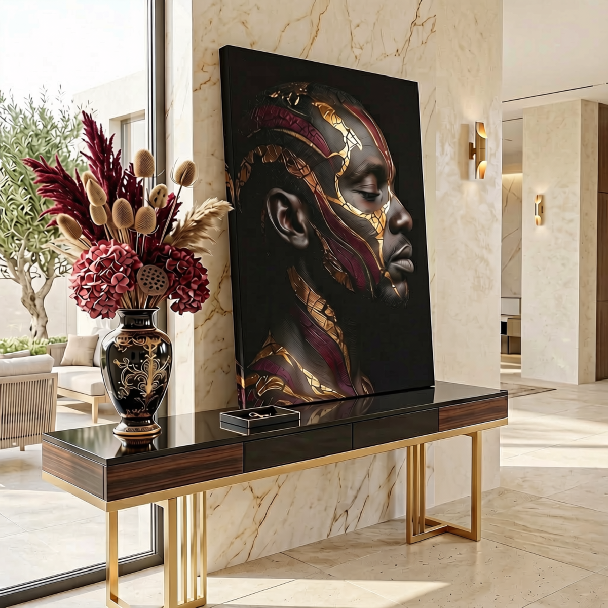 Black Man Wall Art – Serenity | Afrocentric Black, Gold & Burgundy Portrait Canvas Print