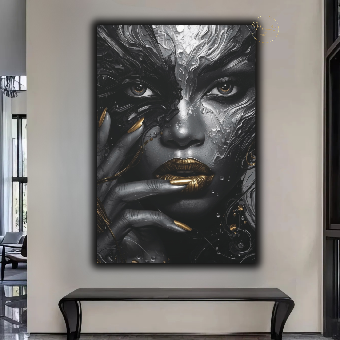 Black Woman Wall Art – Molten Beauty in Silver & Gold | Modern Luxury Canvas Print