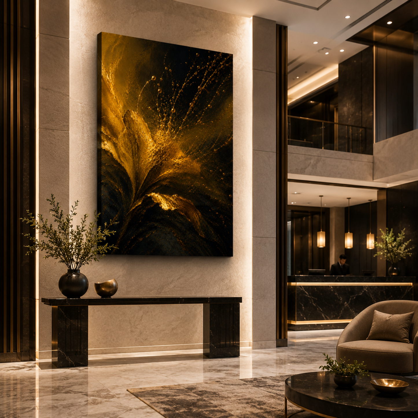 Abstract Gold Flower Wall Art – Elegant Black & Gold Canvas Print | Modern Elegant Home Decor