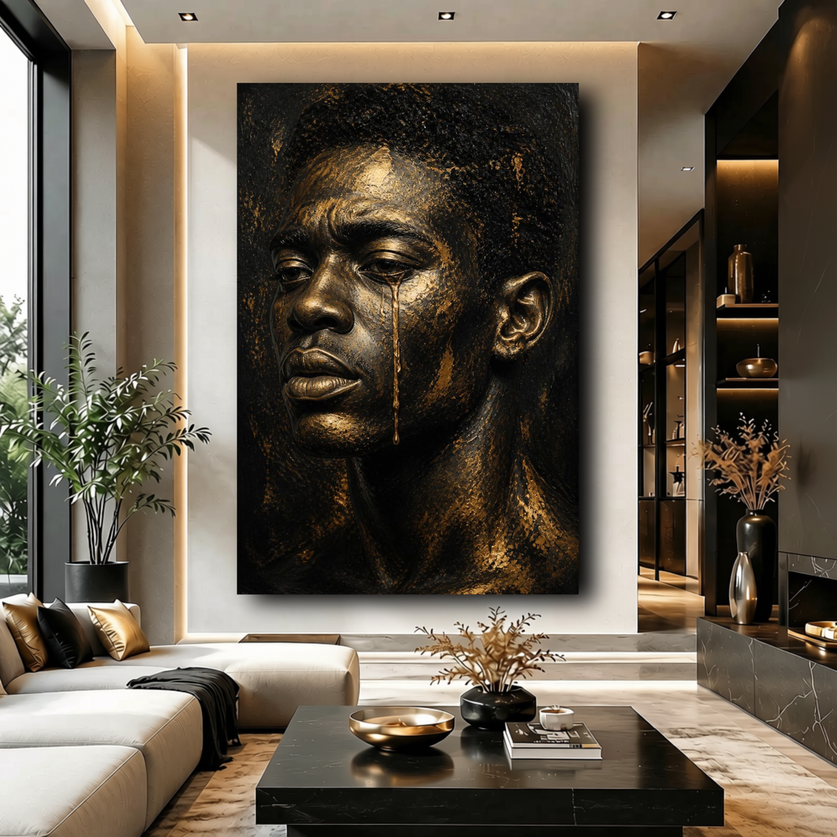 Black Man Wall Art – Golden Tears | Emotional Black & Gold Canvas Print