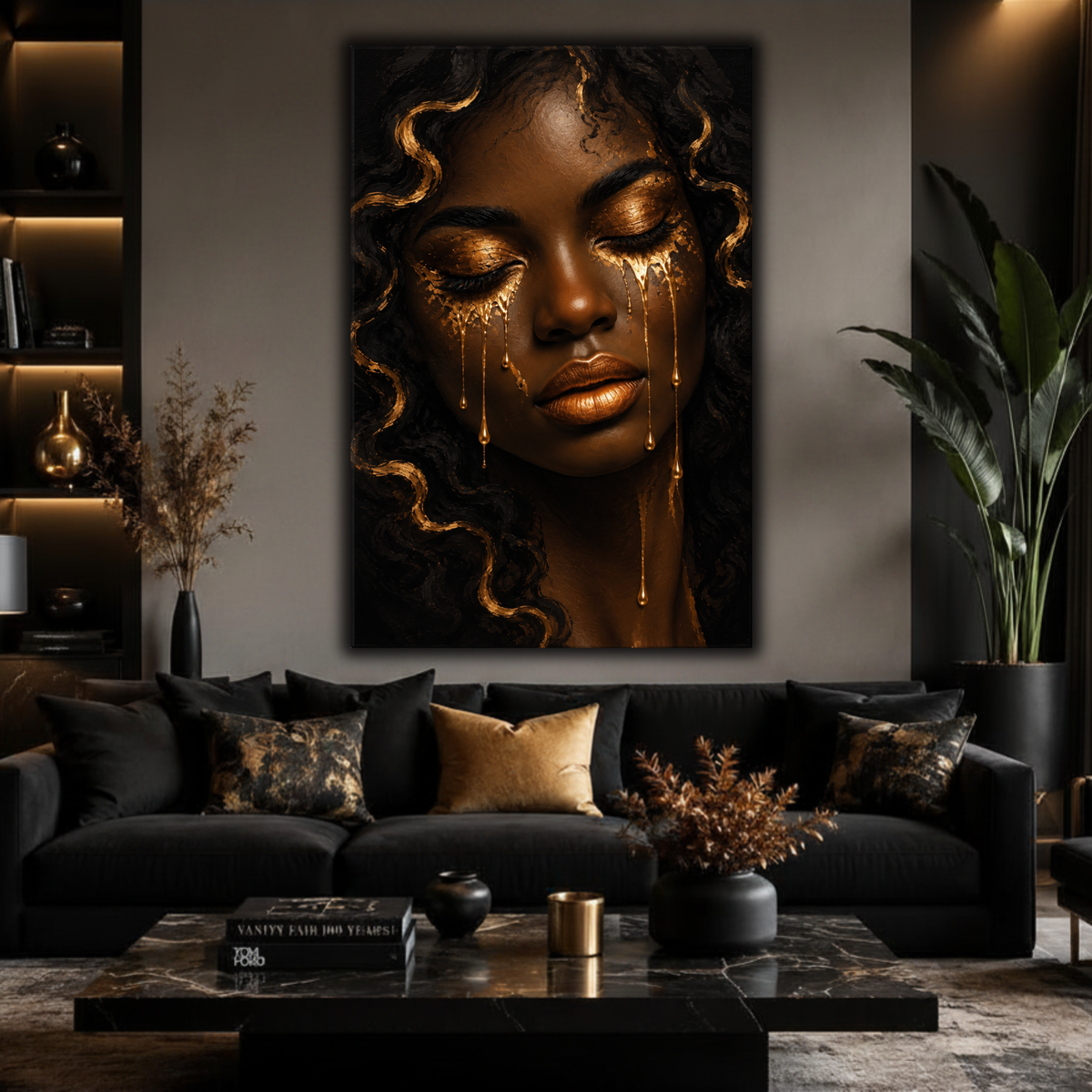 Black Woman Wall Art - Golden Tears Black & Gold Canvas Print | Afrocentric Home Decor