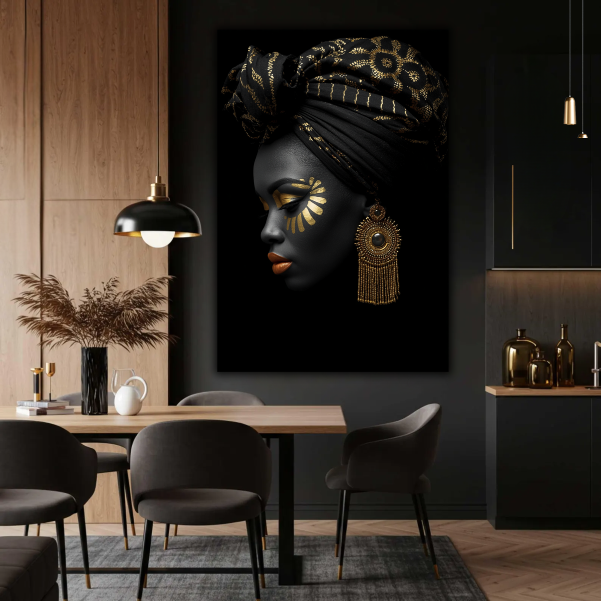 Black Woman Wall Art – Regal Radiance Black & Gold Canvas Print | Afrocentric Home Decor