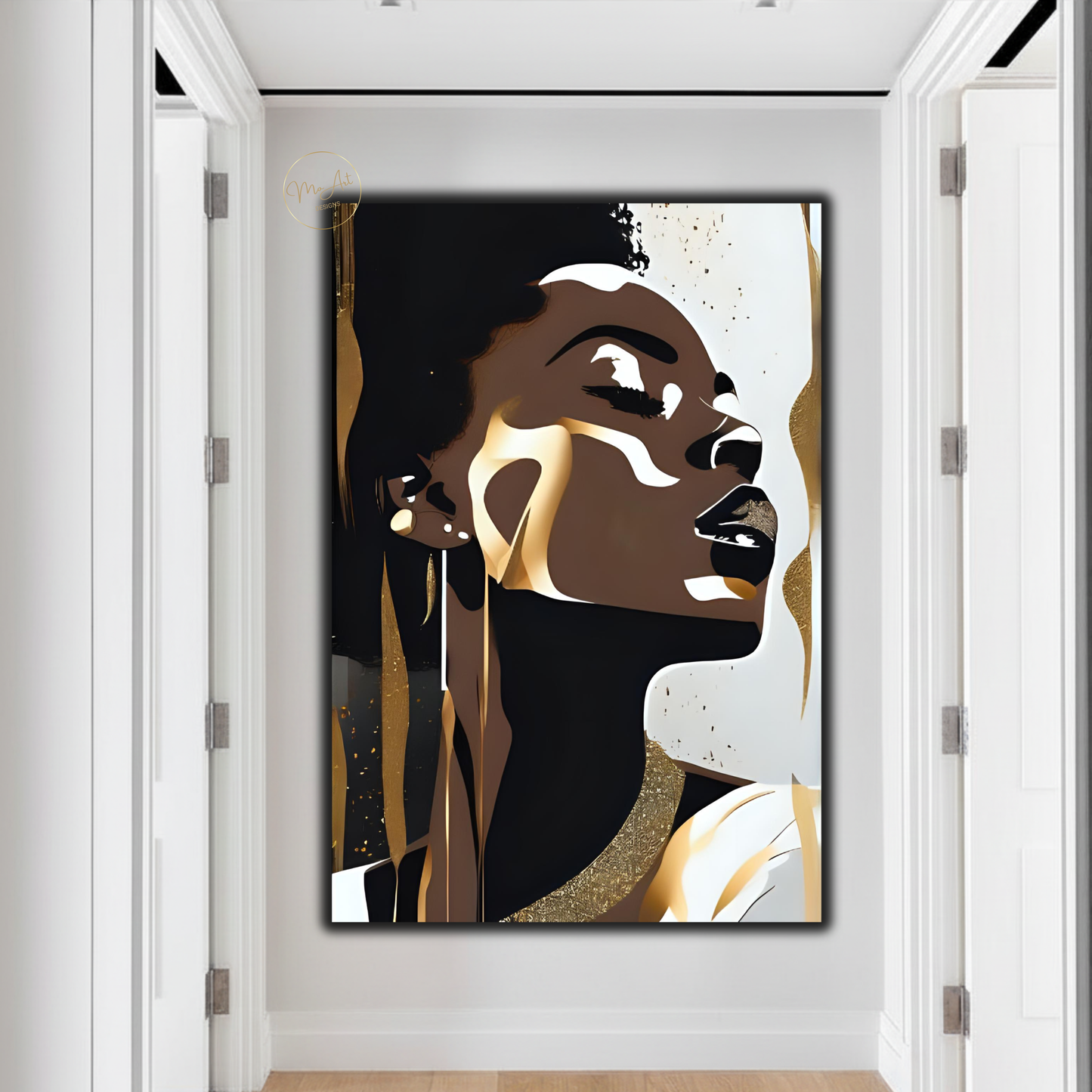 Black Woman Wall Art – Elegant Afrocentric Gold & Neutral Abstract Portrait Canvas Print