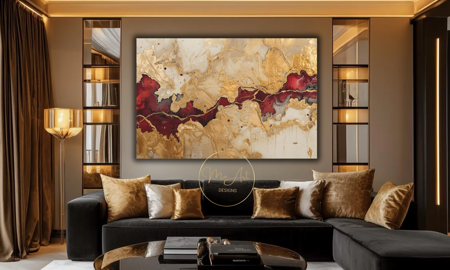 "Crimson Rift" – Abstract Gold, Burgundy & Cream Wall Art