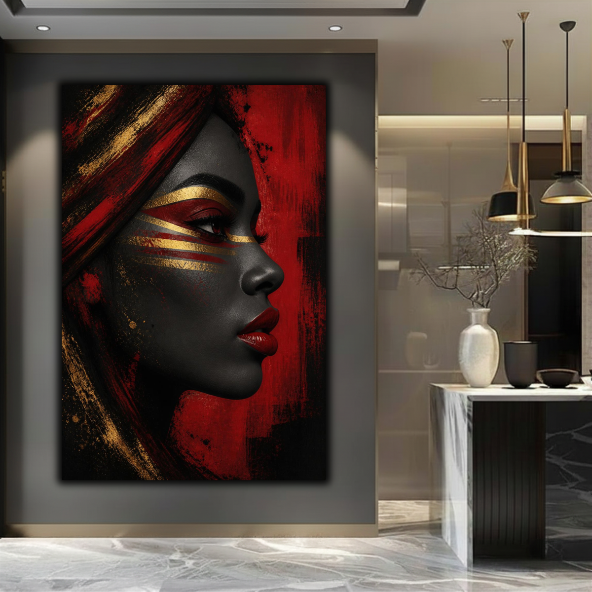 Black Woman Wall Art – Afrocentric Red, Black & Gold Portrait Canvas Print | Luxury Home Decor