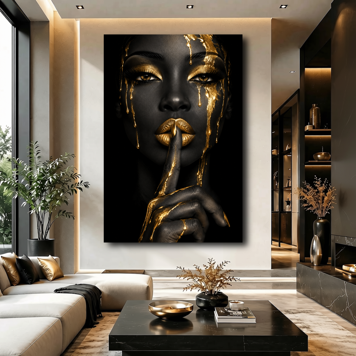 Black Woman Wall Art – Golden Whisper | Afrocentric Black & Gold Luxury Canvas Print