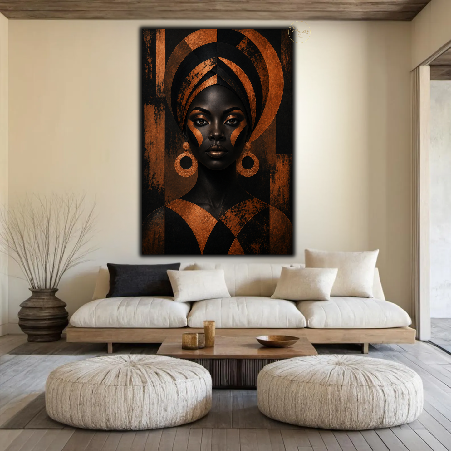 Black Woman Wall Art – Regal Afrocentric Copper & Black Portrait Canvas Print