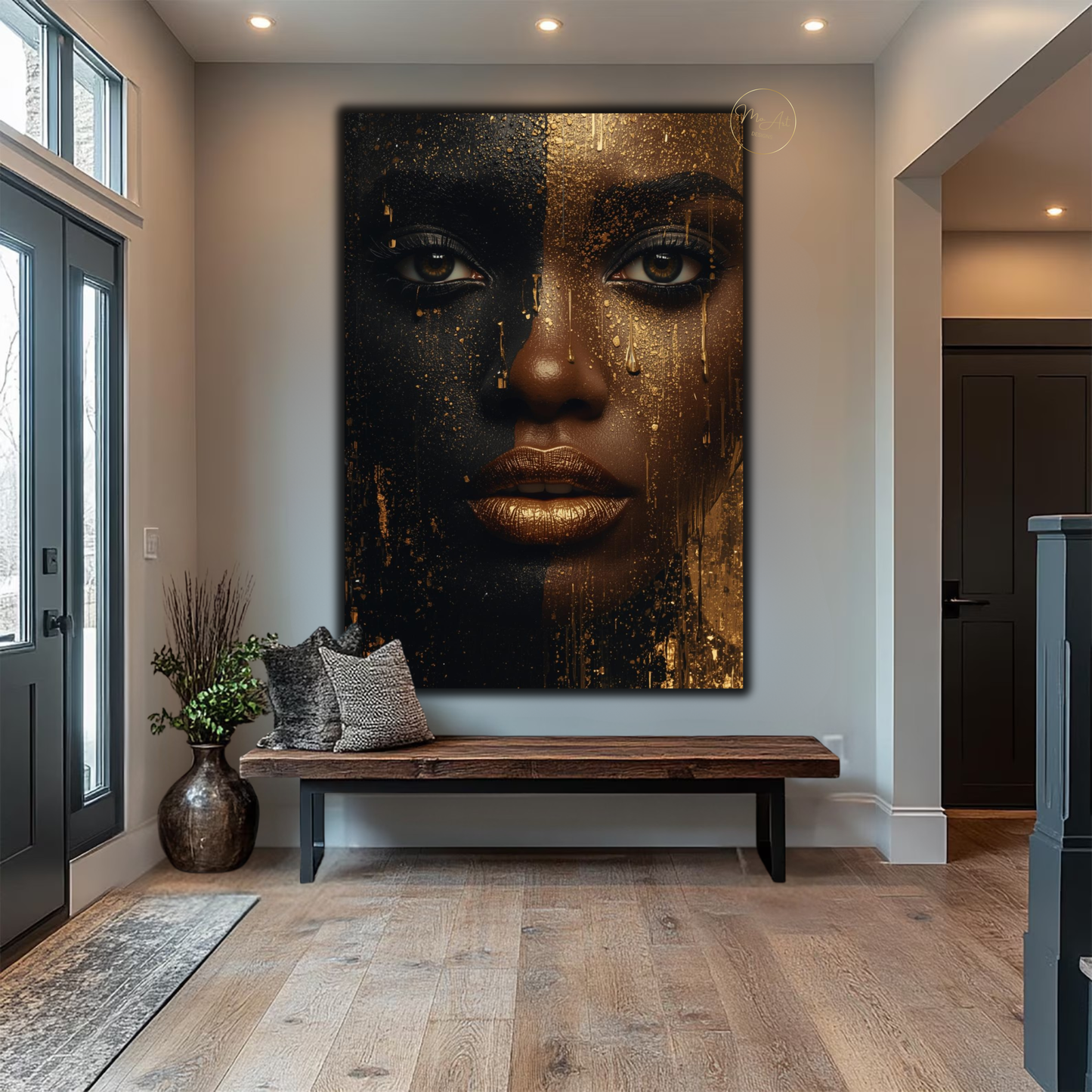 Black Woman Wall Art – Striking Gold Drip | Afrocentric Black & Gold Canvas Print