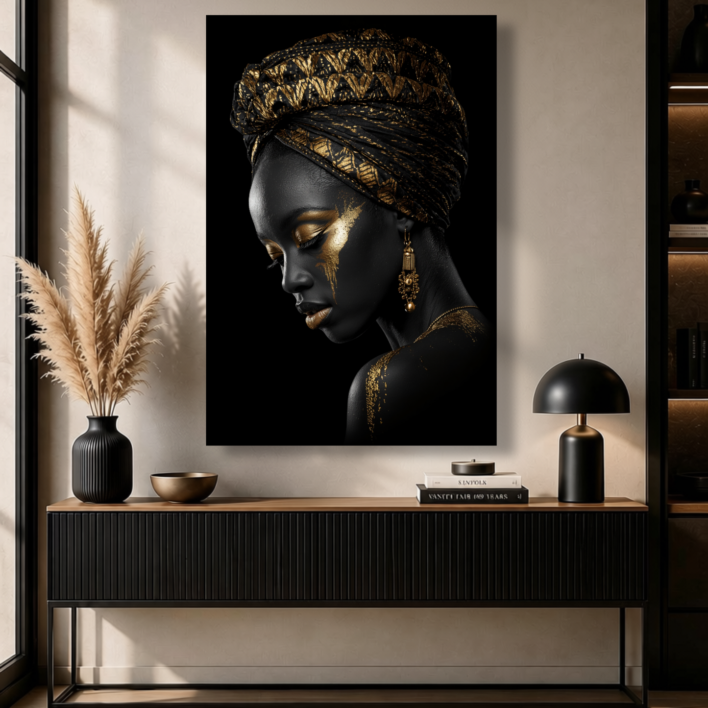 Black Woman Wall Art - African Queen Canvas Print | Black & Gold Wall Decor