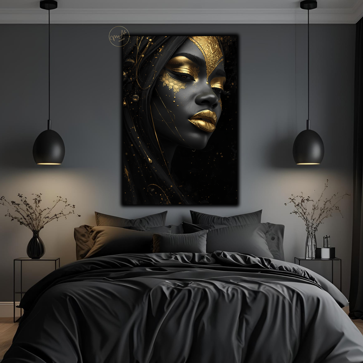 Black Woman Wall Art – Striking Gold & Black Beauty | Afrocentric Luxury Canvas Print
