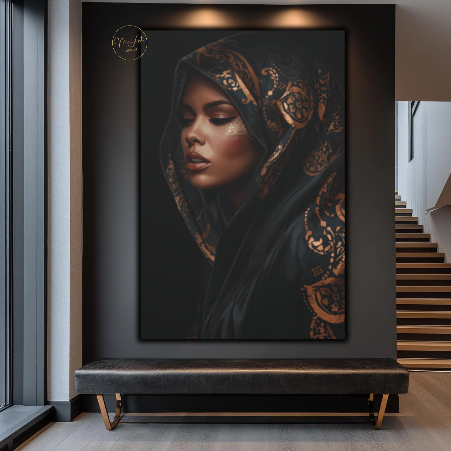 Black Woman Wall Art – Veiled Elegance | Black & Gold Luxury Afrocentric Canvas Print