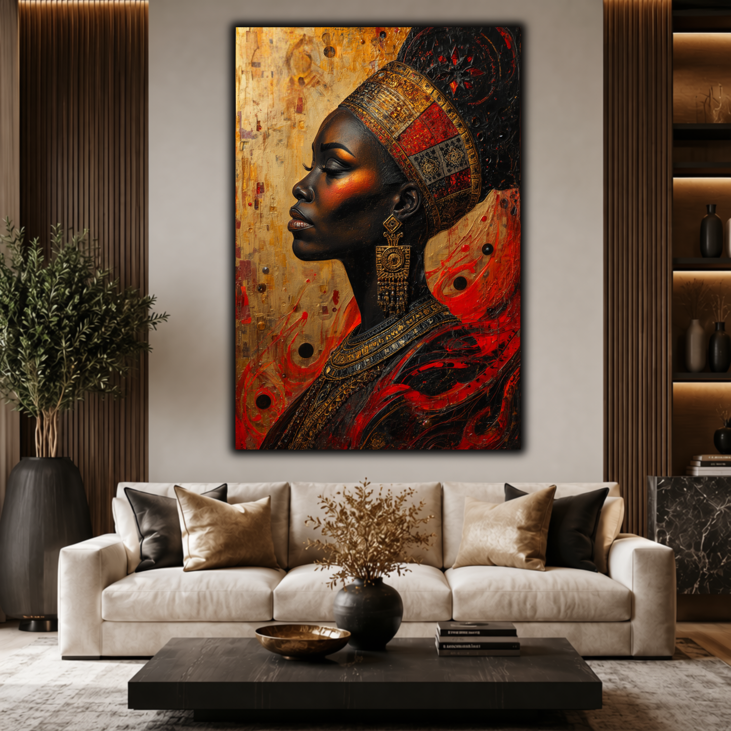 Black Woman Wall Art – Abstract African Queen Canvas Print |  Afrocentric Gold, Red & Black Decor