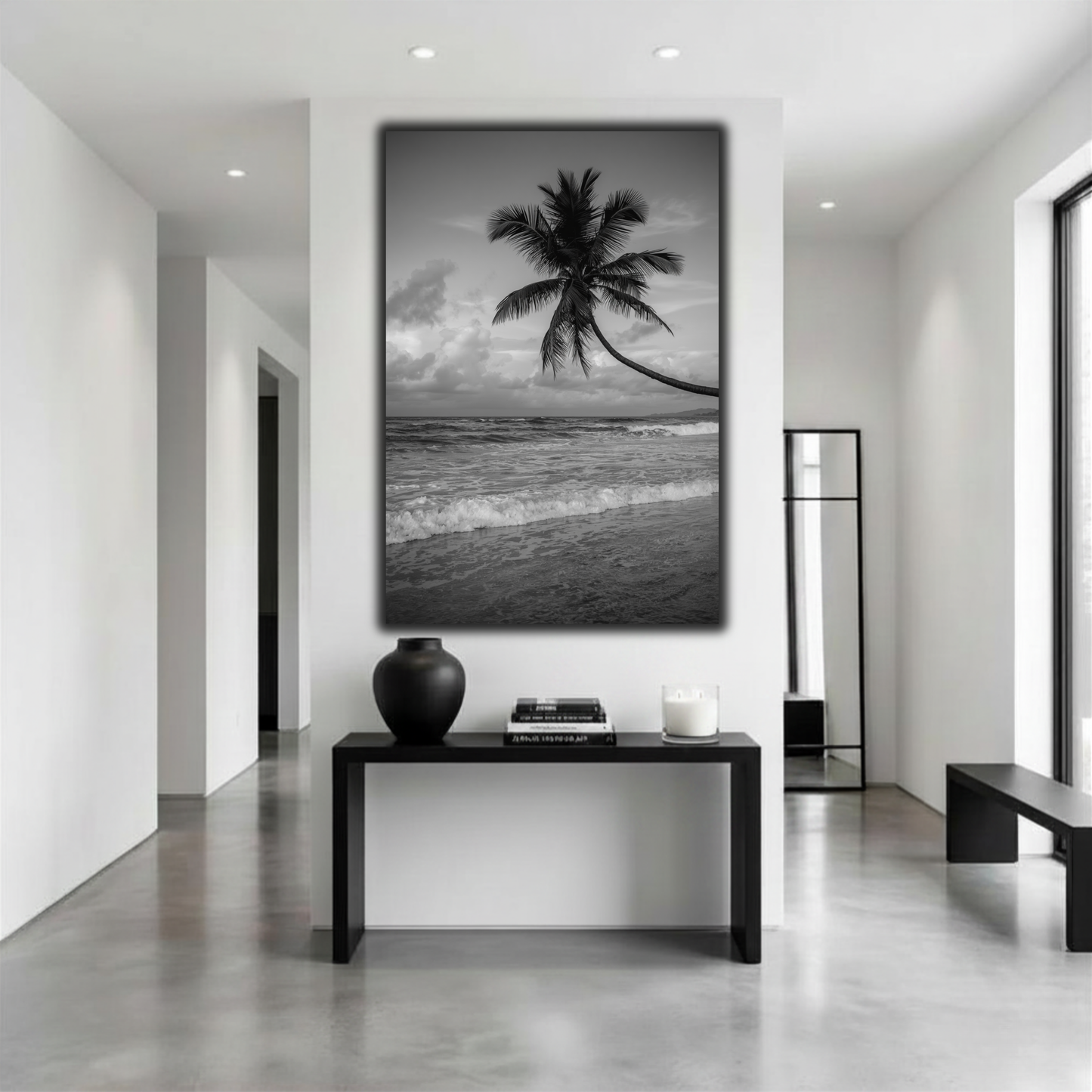 Black & White Tropical Palm Tree Wall Art – Ocean Beach Canvas Print, Coastal Home Decor, Minimalist Photography