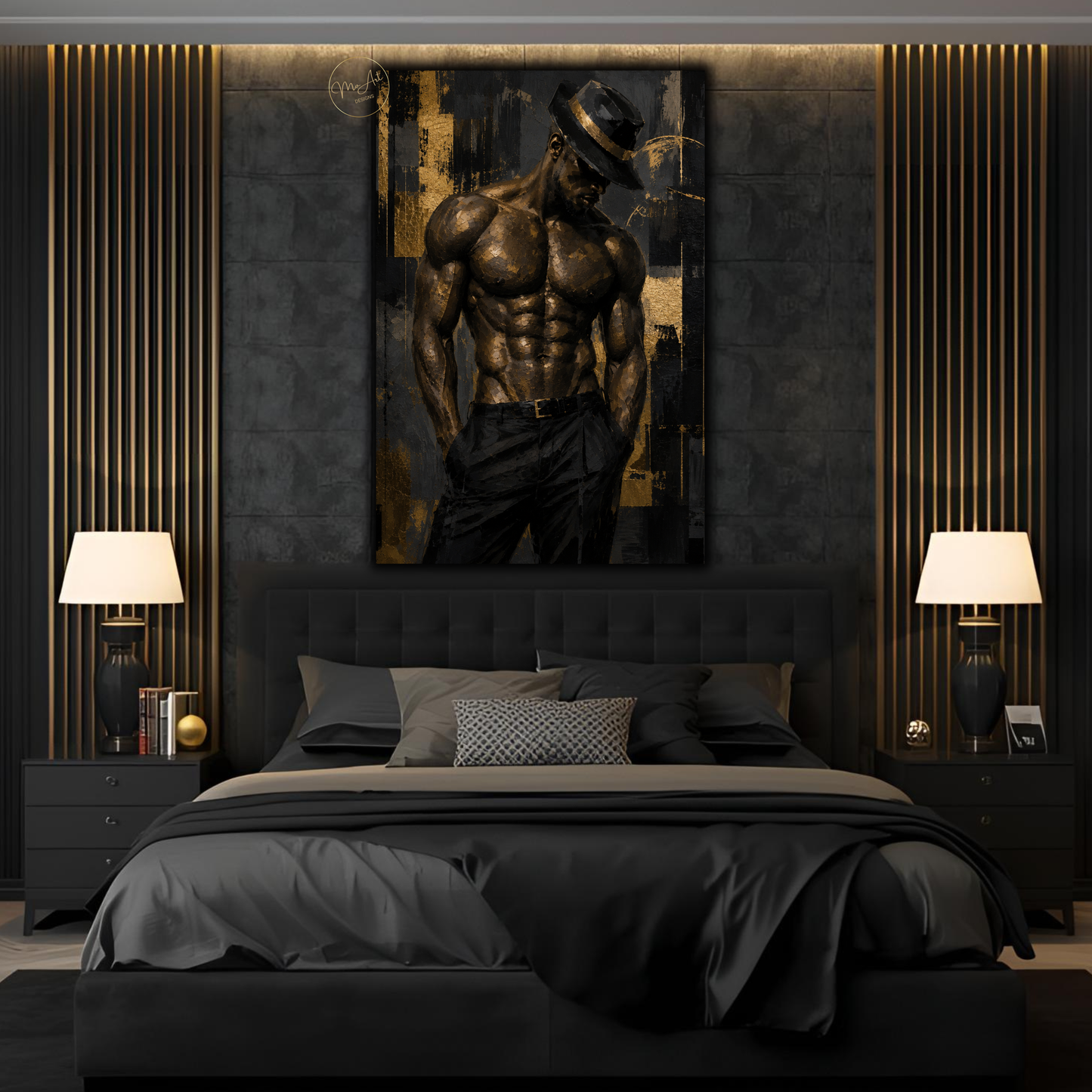 Black Man Wall Art – Sensual Afrocentric Gold & Black Abstract Masculine Canvas Print