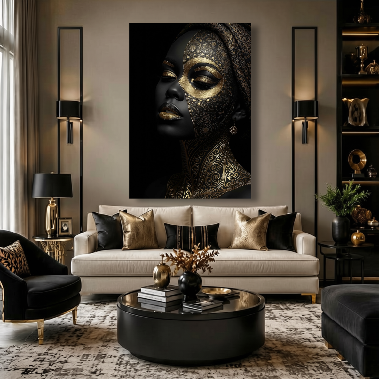 Black Woman Wall Art - Afrocentric Black & Gold Canvas Print | Luxury Home Decor