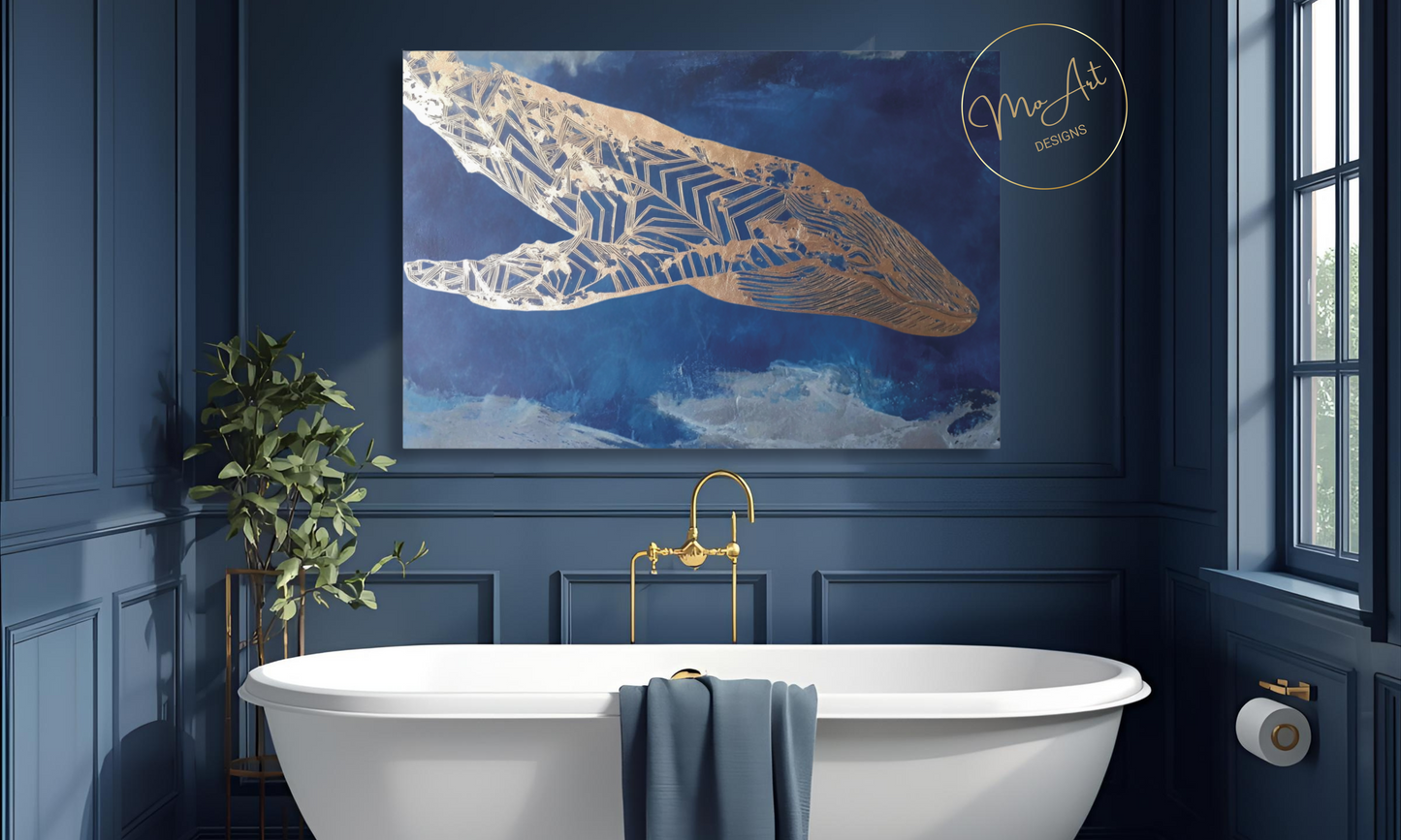 Gold and Blue Whale Abstract Canvas Wall Art