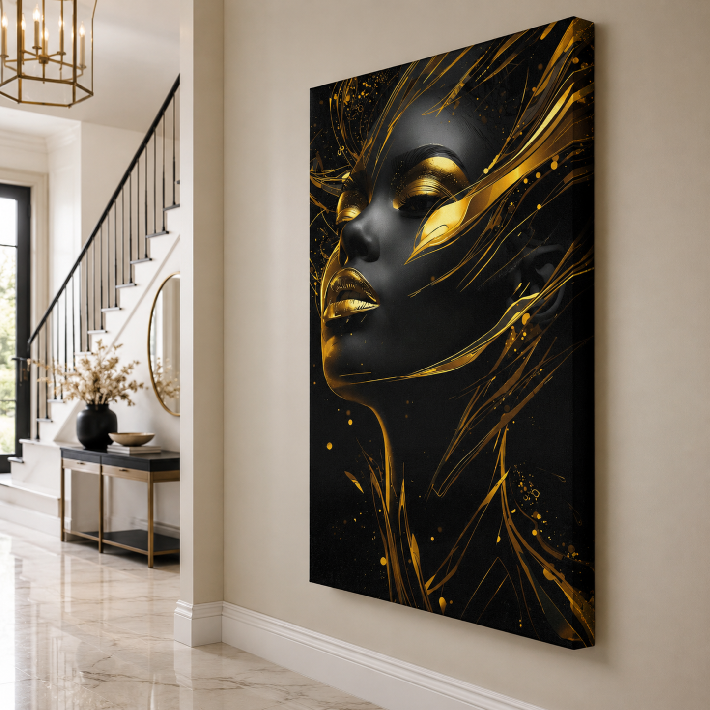 Black Woman Wall Art – Black & Gold Abstract Afrocentric Canvas Print | Luxury Modern African American Art Decor