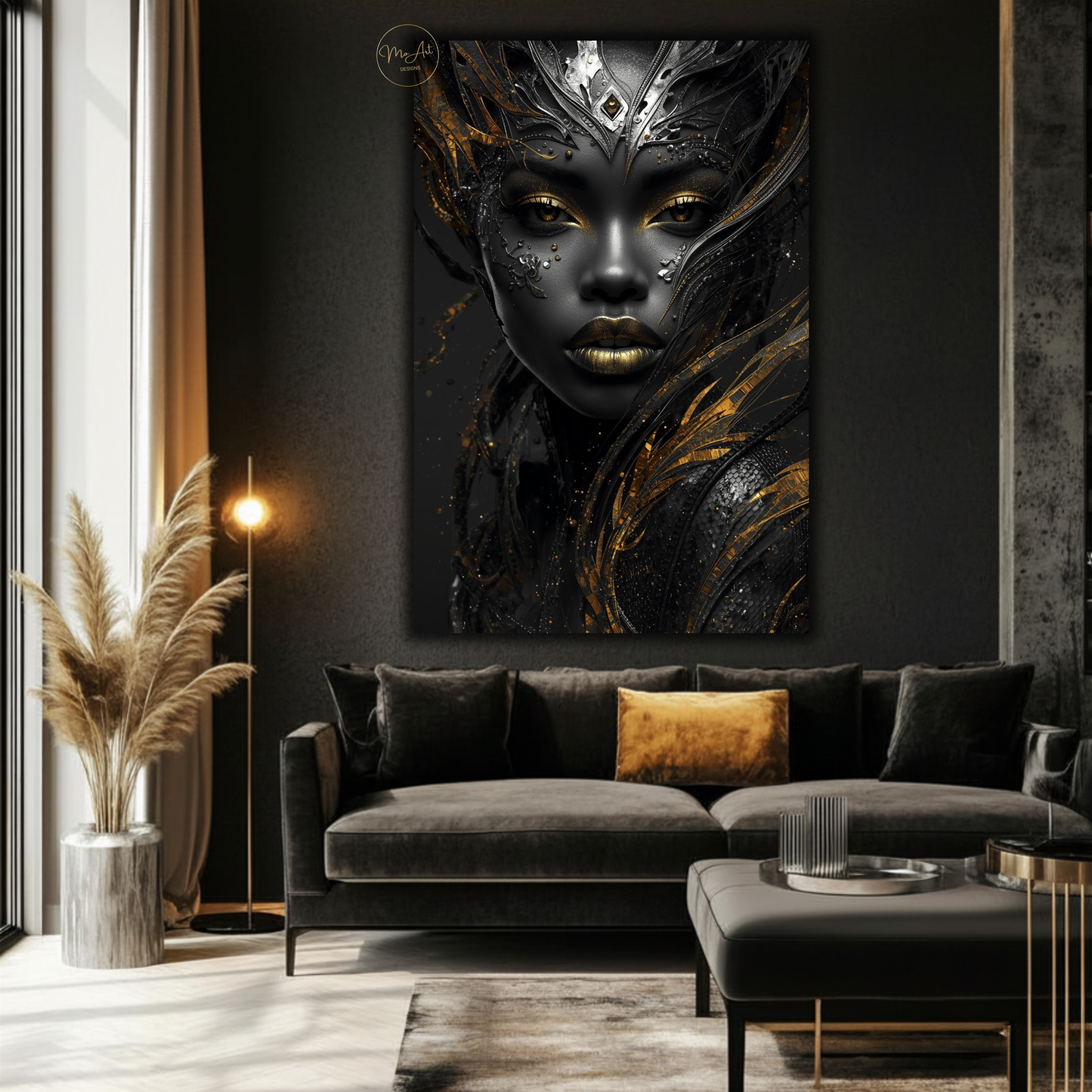 Black Woman Wall Art – Exotic Beauty / Black & Gold Afrocentric Canvas Print