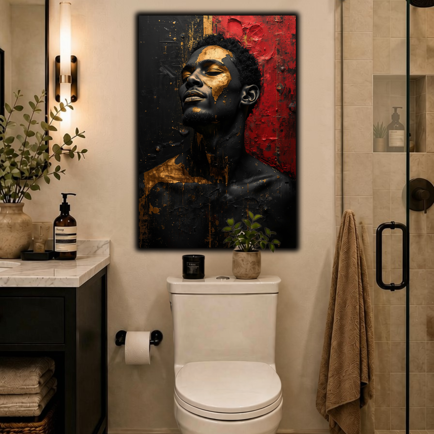 Black Man Wall Art - Afrocentric Abstract Canvas Print in Black, Gold & Red