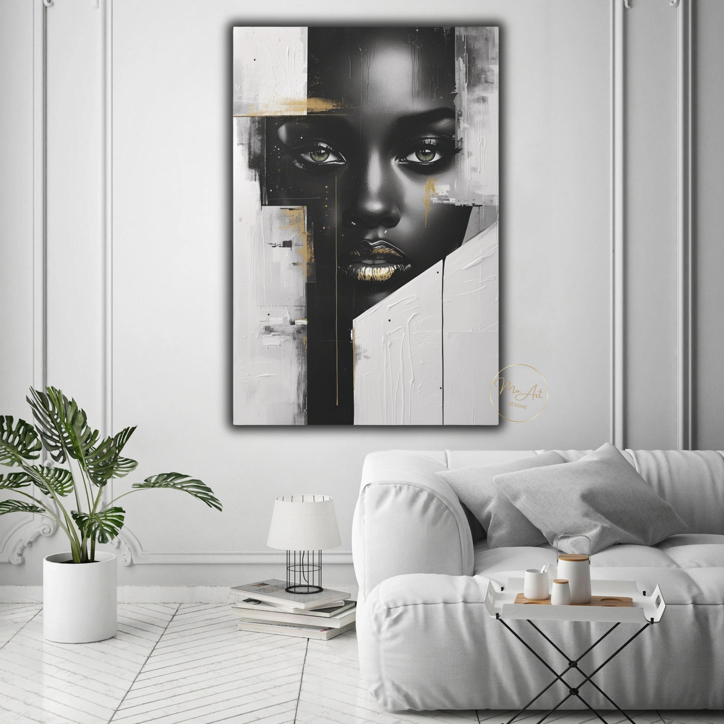 Black Woman Wall Art – Sovereign Gaze - Luxury Black, White & Gold Modern Canvas Print