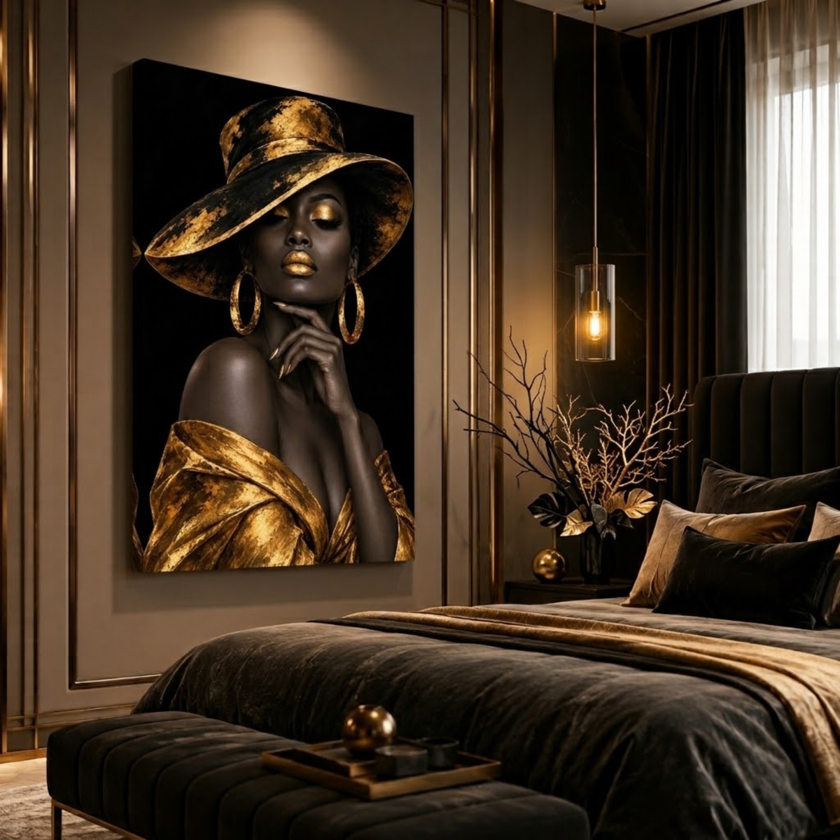 Black Woman Wall Art – Midnight Majesty | Black & Gold Afrocentric Luxury Canvas Print