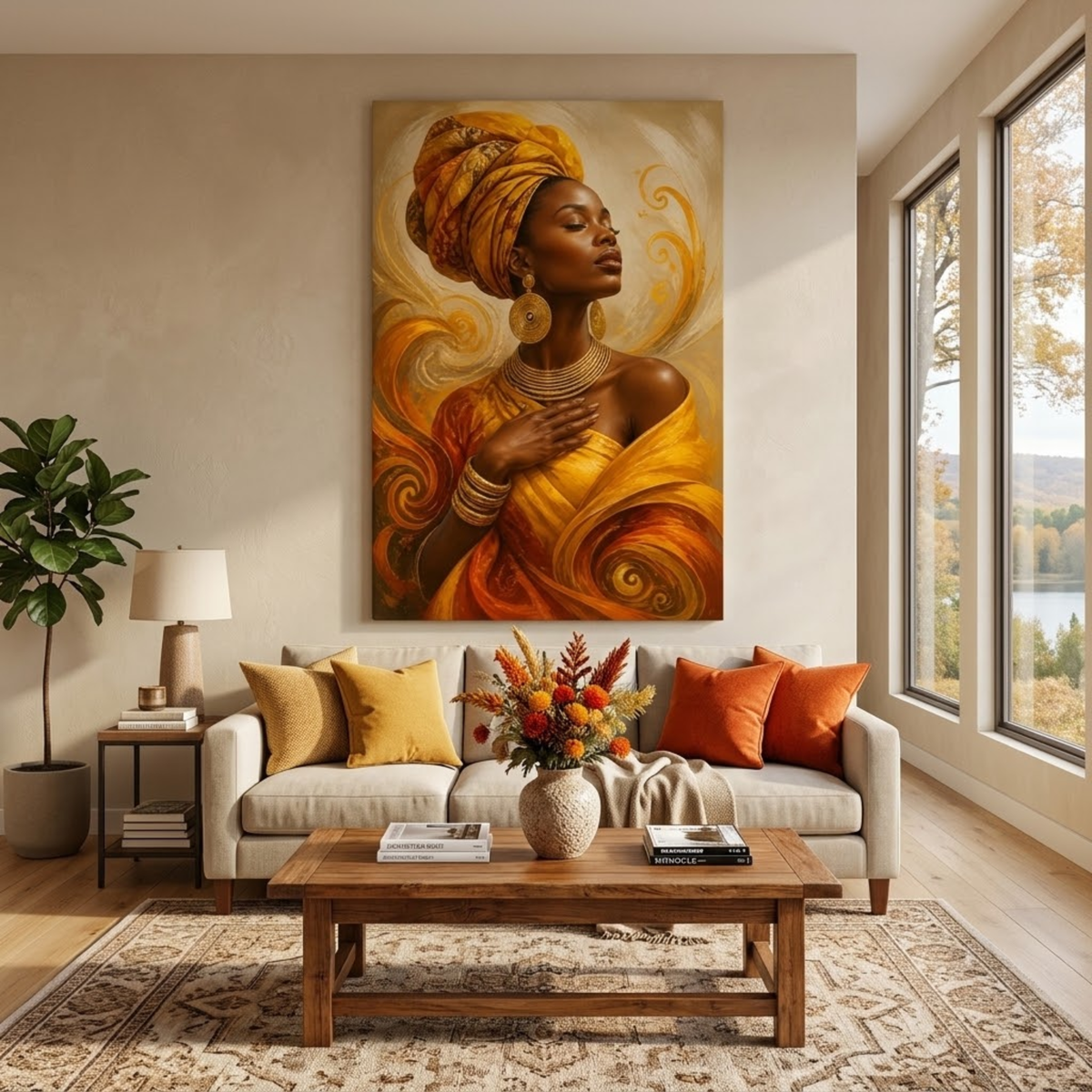 Black Woman Wall Art – Amber Serenity | Afrocentric Orange & Yellow Canvas Print