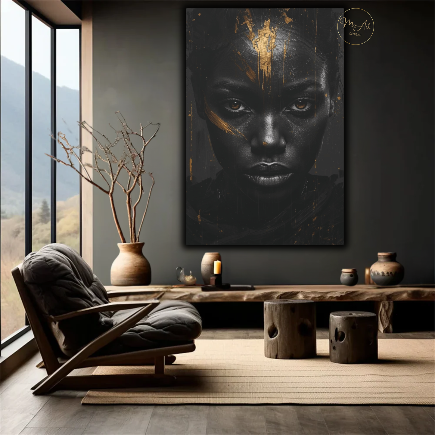 Black Woman Wall Art – Unbreakable Gaze | Black & Gold Statement Canvas Print