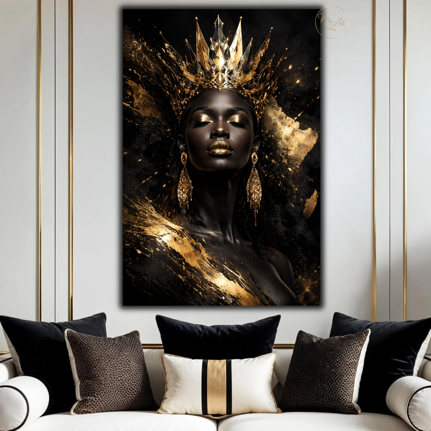 African Queen Black Woman Wall Art – Gold Crown Afrocentric Canvas Print